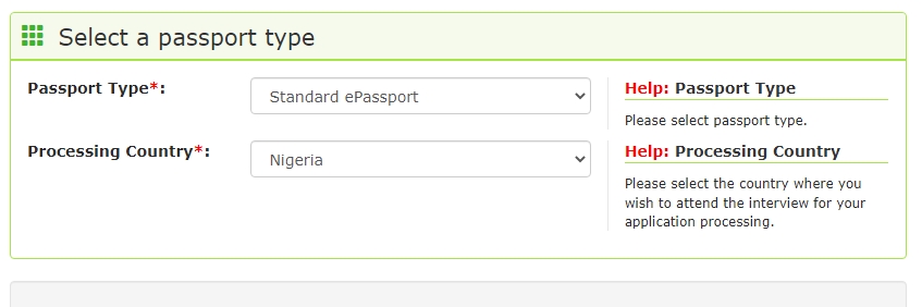 Nigerian international Passport application type