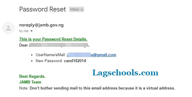 JAMB password reset confirmation