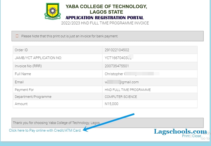 YABATECH HND Full-time application invoice