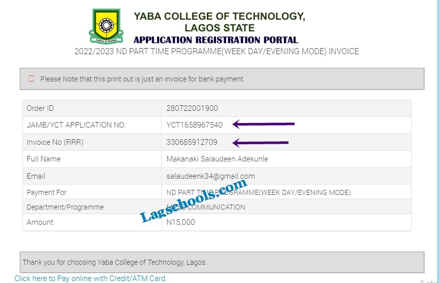 Yabatech part time application invoice