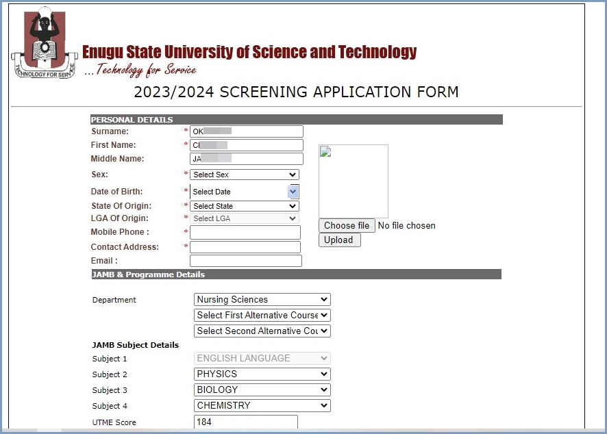 ESUT Post UTME Application form